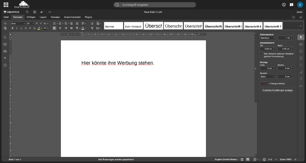 Screenshot of the ownCloud Webinterface with the OnlyOffice Document editor open